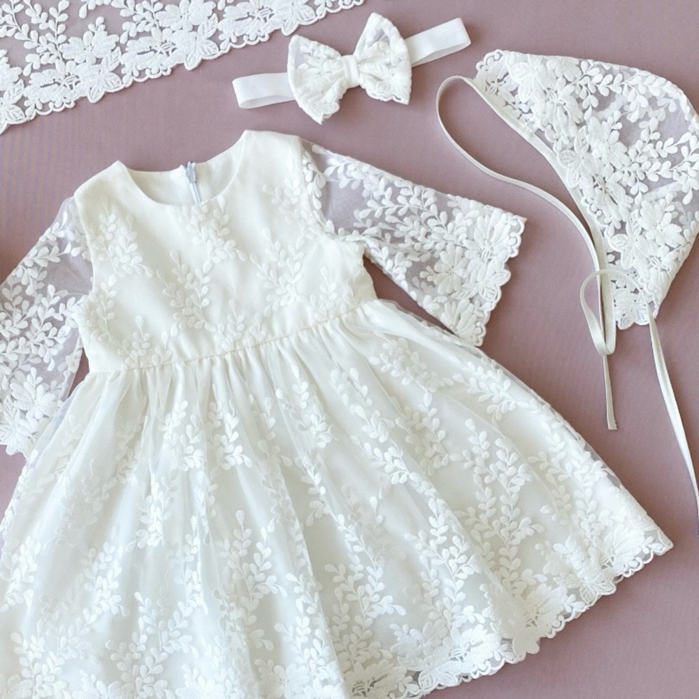 Lace baptism gown, long sleeve